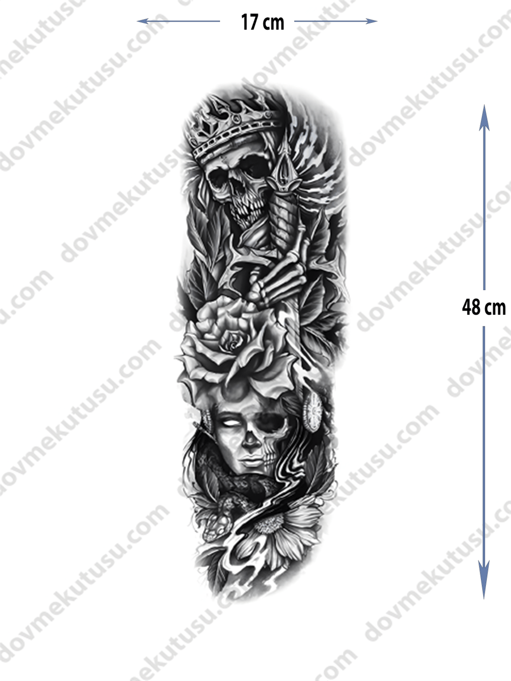 Geçici Kol Kaplama Dövme – Kuru Kafa ve Taç Motifi ile Güç, Kraliyet ve Karanlığın Sembolü!