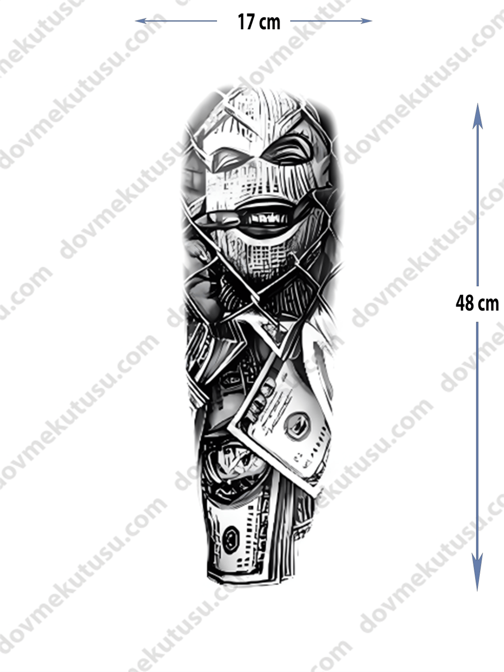 Geçici Kol Kaplama Dövme – Maske ve Dolar Motifi ile Gizem, Güç ve Maddi Hedeflerin Sembolü!