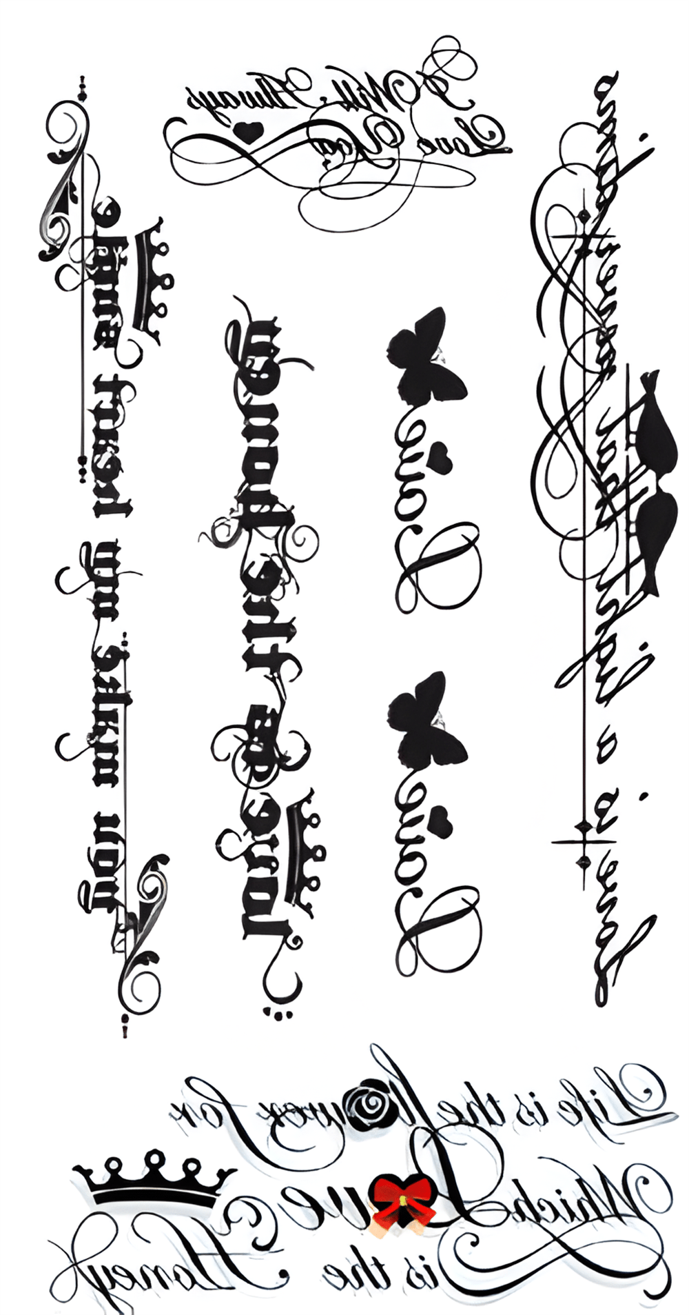 kaligrafik yazılar, süslü gotik fontlar, kelebekler, taç ve süslemeler GEÇİCİ DÖVME 