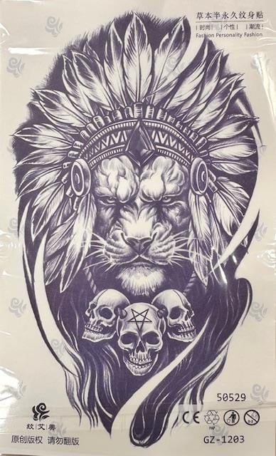 Totemli Aslan ve Kafatası Tasarımlı Yarı Kalıcı Dövme 