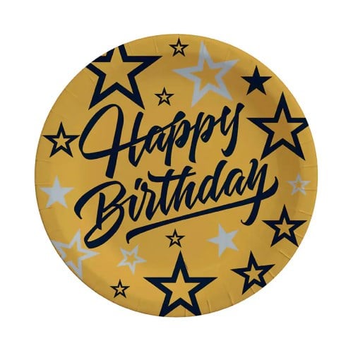 Golden Stars Happy Birthday Karton Tabak 8 Adet