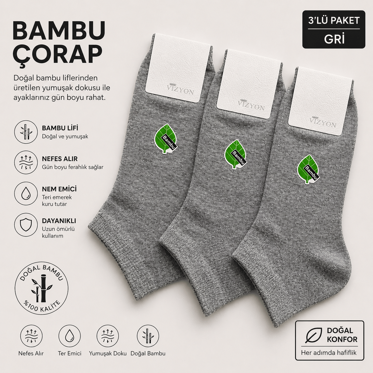 Vizyon Erkek Gri Bambu 3'lü Çorap
