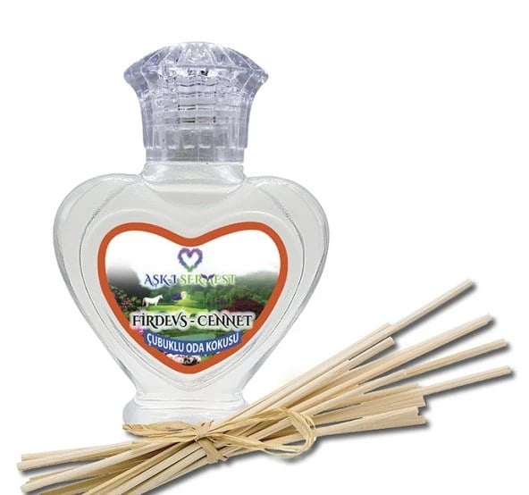 Aşk-ı Sermest Toptan Firdevs Cennet Çiçek Aromalı Bambu Çubuklu Oda Kokusu Reed Diffuser Ortam Kokusu Parfüm, Kalp Şişe, 60 mL, 5 Adet