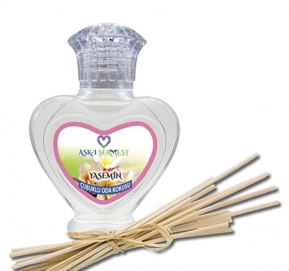 Aşk-ı Sermest Toptan Hindistan Cevizi Aromalı Bambu Çubuklu Oda Kokusu Reed Diffuser Ortam Kokusu Parfüm, Kalp Şişe, 60 mL, 10 Adet