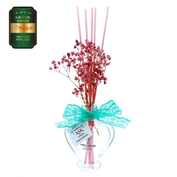 Aşk-ı Sermest Toptan Meczub Meyve Serisi Şeftali Kokulu 5 x 60 ml Kalp Şişe Bambu Çubuklu Ortam Kokusu Reed Diffuser Oda Kokusu