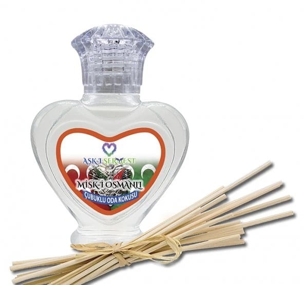 Aşk-ı Sermest Toptan Misk-i Osmanlı Çiçek Aromalı Bambu Çubuklu Oda Kokusu Reed Diffuser Ortam Kokusu Parfüm, Kalp Şişe, 60 mL, 5 Adet