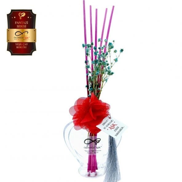 Aşk-ı Sermest Toptan Ölümsüz Aşk Fantazi Serisi Yeşil Çay Kokulu 5 x 60 ml Kalp Şişe Bambu Çubuklu Ortam Kokusu Reed Diffuser Oda Kokusu