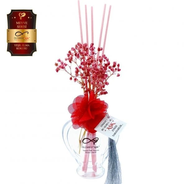 Aşk-ı Sermest Toptan Ölümsüz Aşk Meyve Serisi Yeşil Elma Kokulu 5 x 60 ml Kalp Şişe Bambu Çubuklu Ortam Kokusu Reed Diffuser Oda Kokusu