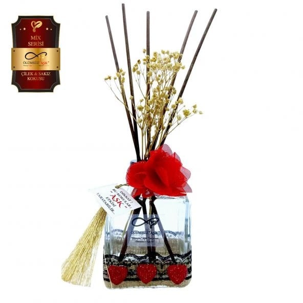 Aşk-ı Sermest Toptan Ölümsüz Aşk Mix Serisi Çilek & Sakız Kokulu 5 x 200 ml küp Şişe Bambu Çubuklu Ortam Kokusu Reed Diffuser Oda Kokusu