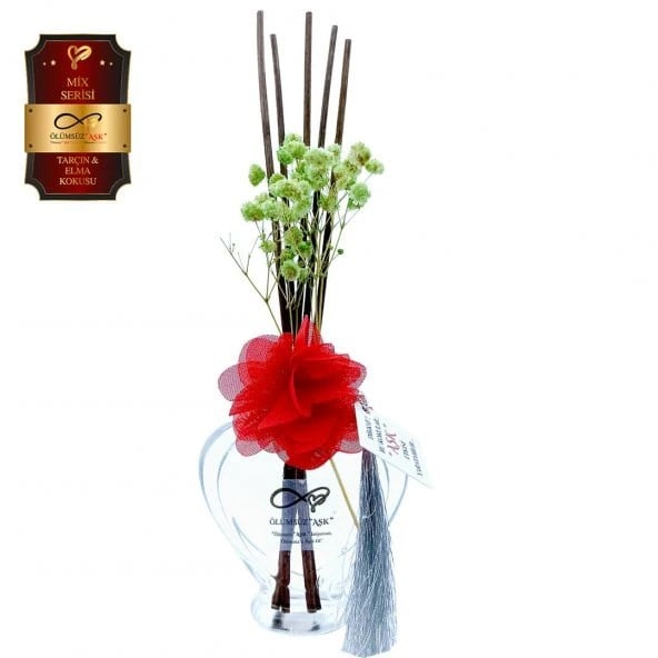 Aşk-ı Sermest Toptan Ölümsüz Aşk Mix Serisi Tarçın & Elma Kokulu 5 x 60 ml Kalp Şişe Bambu Çubuklu Ortam Kokusu Reed Diffuser Oda Kokusu
