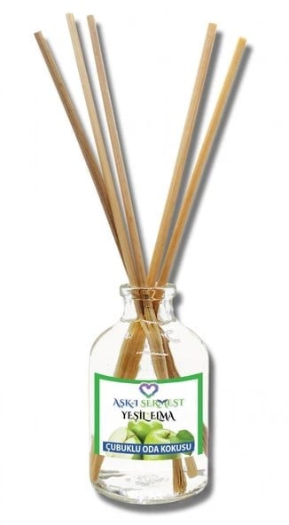 Aşk-ı Sermest Toptan Yeşil Elma Aromalı Bambu Çubuklu Oda Kokusu Reed Diffuser Ortam Kokusu Parfüm, Oval Şişe, 50 mL , 5 Adet