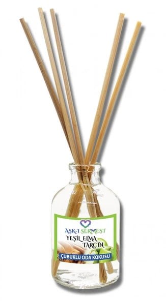 Aşk-ı Sermest Toptan Yeşil Elma&Tarçın Aromalı Bambu Çubuklu Oda Kokusu Reed Diffuser Ortam Kokusu Parfüm, Oval Şişe, 50 mL , 10 Adet