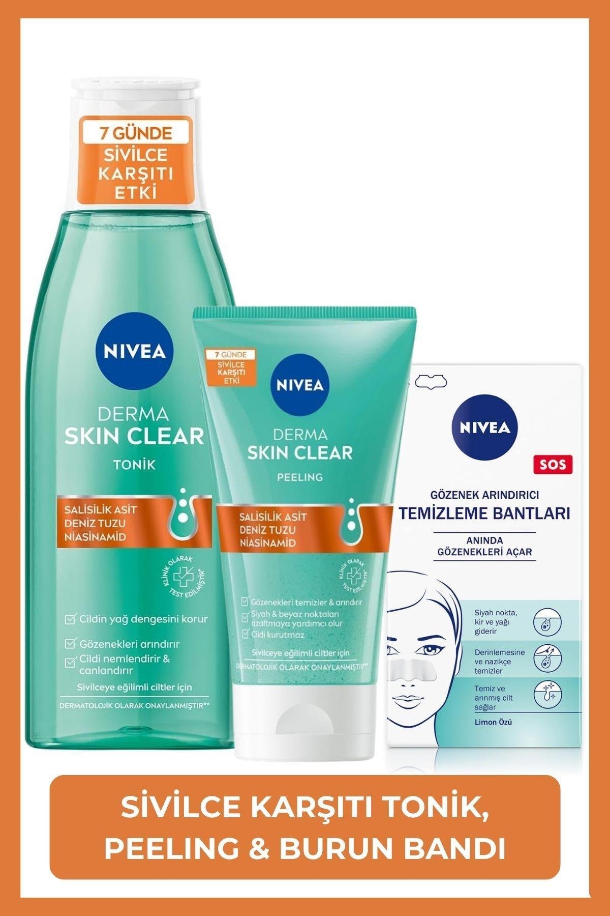 Derma Skin Clear Sivilce Karşıtı Peeling 150ml,Tonik 200ml, T-Bölgesi & Siyah Nokta Temizleyici Bant