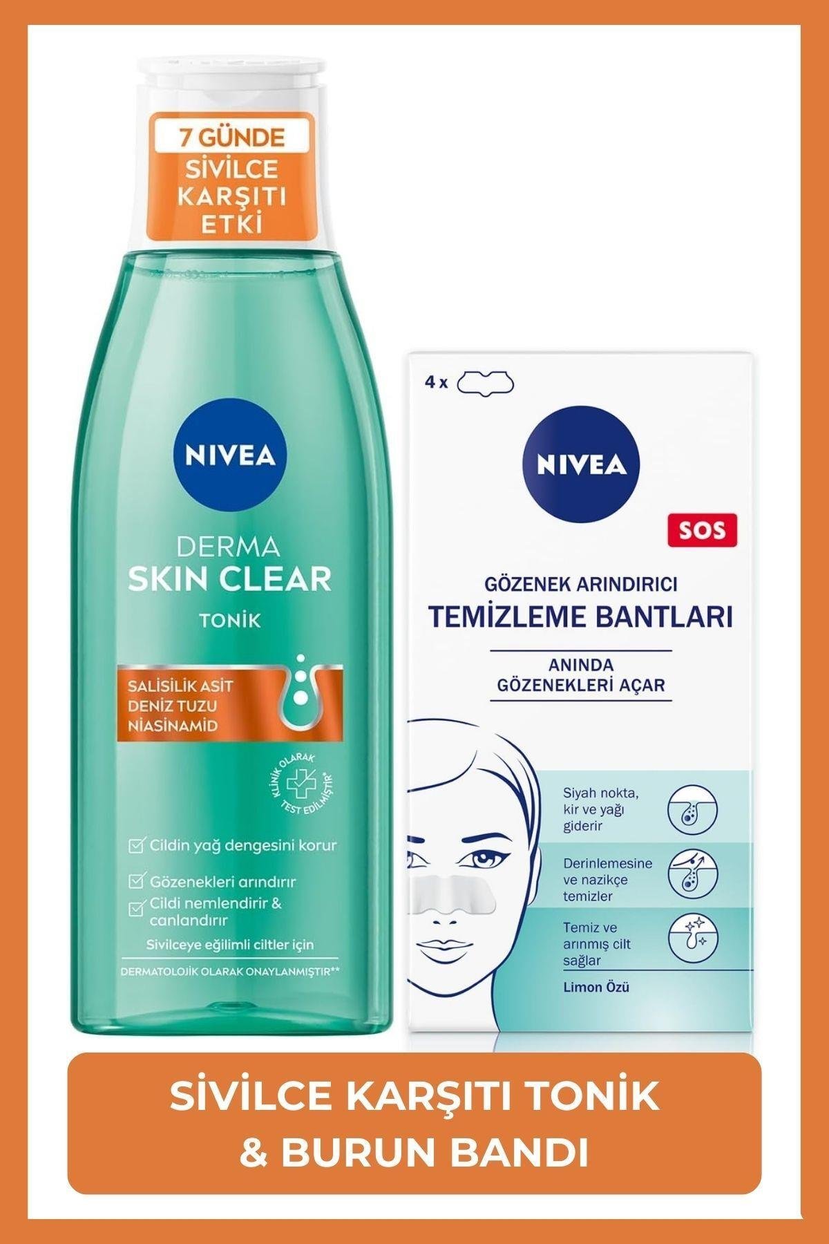Derma Skin Clear Sivilce Karşıtı Tonik 200ml ve T-Bölgesi Siyah Nokta Temizleyici Burun Bandı