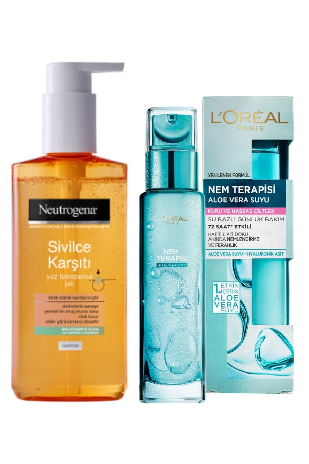 Sivilce Karşıtı Yüz Temizleme Jeli Ve Loreal Nem Terapisi Aloe Vera Suyu Kuru Ve Hassas Ciltler 70ml