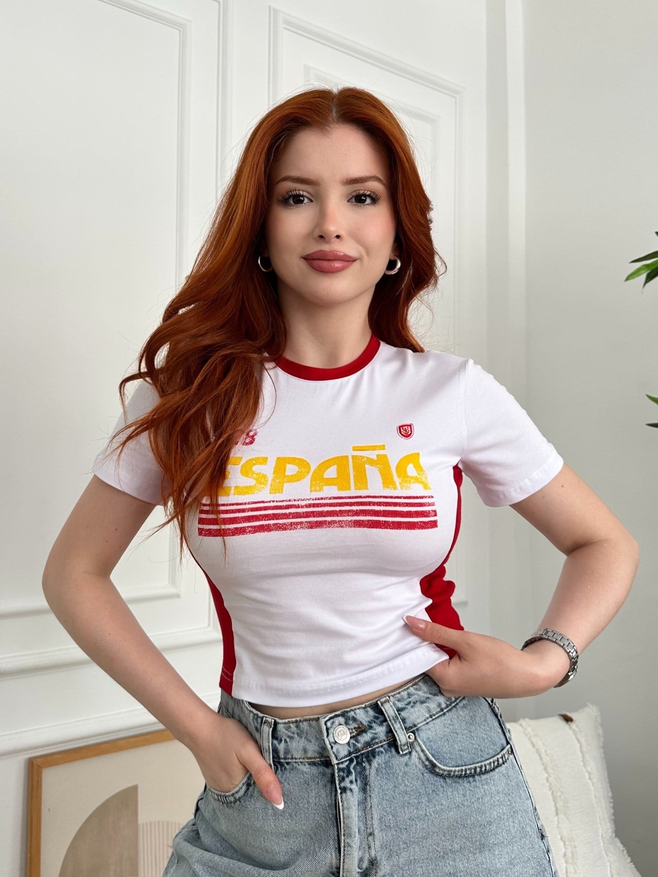 28 Espana Baskılı Crop T-shirt Beyaz
