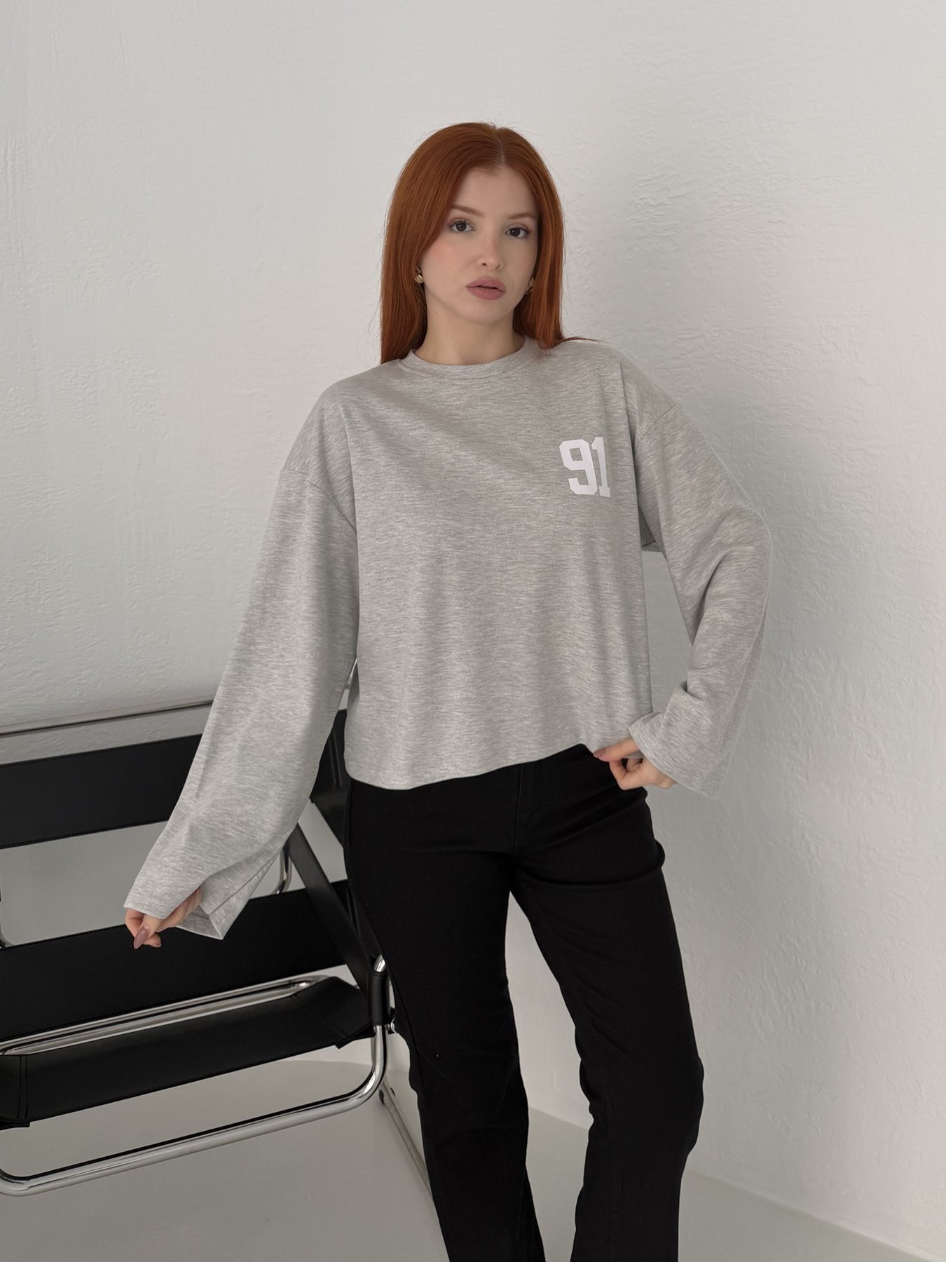 91 Baskılı Sweatshirt Gri melanj