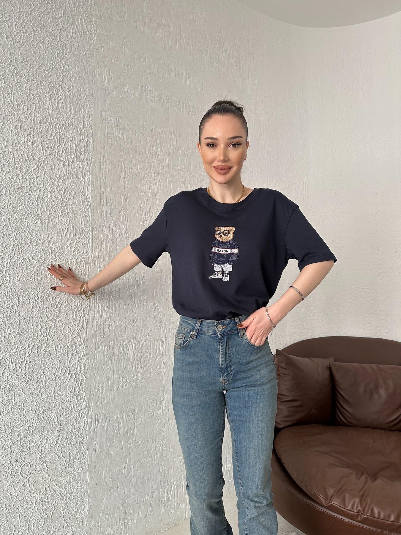 Ayıcık Nakışlı Bisiklet Yaka Tişört LACİVERT