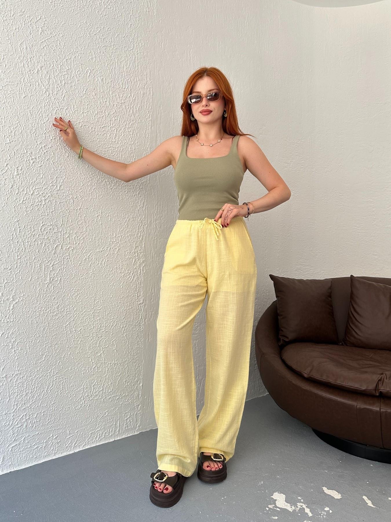 Bağcıklı Keten Pantolon Sarı