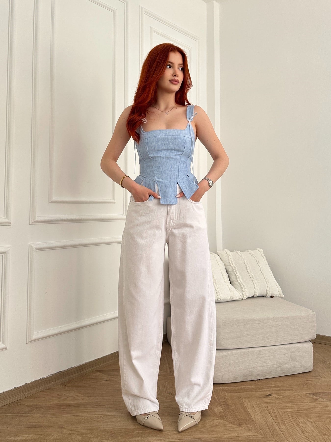 Baggy Fit Salaş Pantolon Beyaz