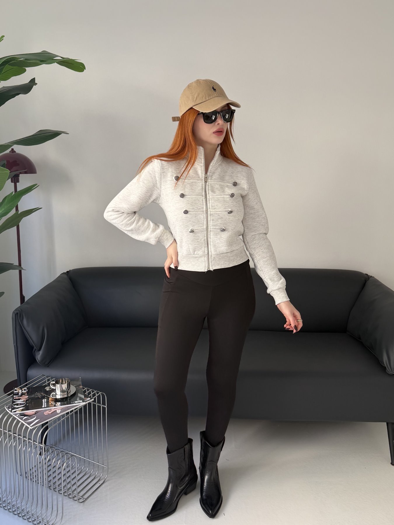 Bando Düğmeli Fermuarlı Sweatshırt Gri melanj