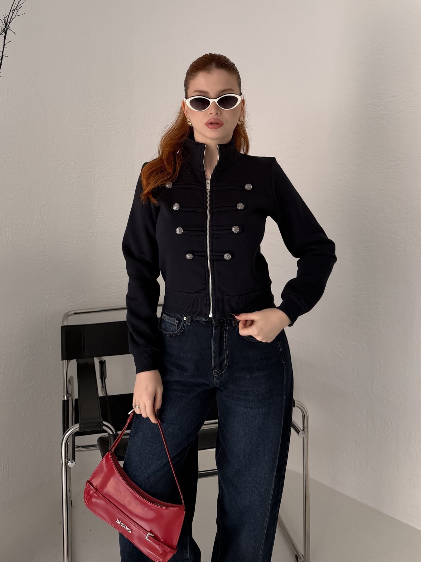 Bando Düğmeli Fermuarlı Sweatshırt Lacivert