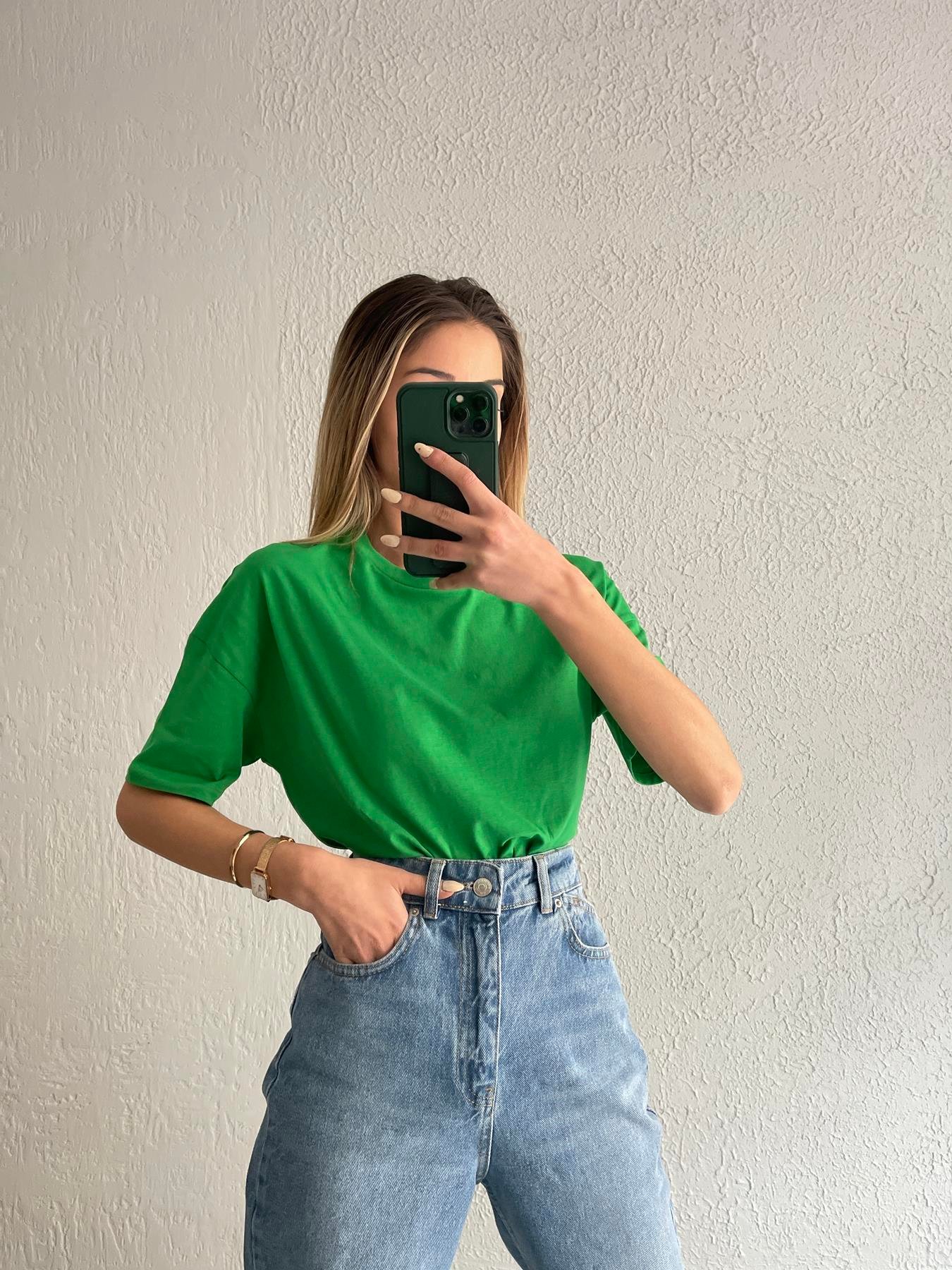 Basic Yıkamalı Tişört YEŞİL