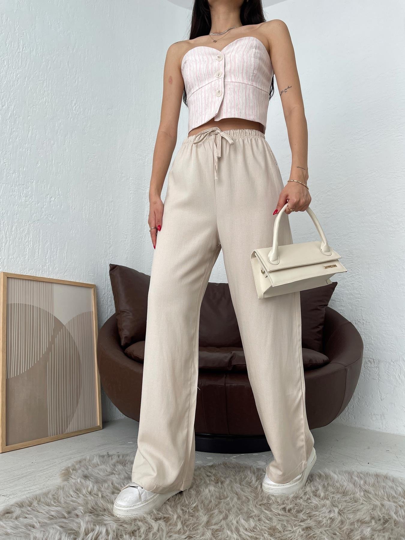 Beli Bağcıklı Keten Pantolon TAŞ