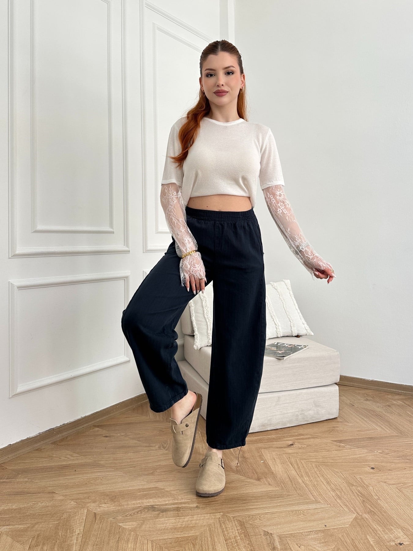 Beli Lastikli Balon Pantolon Lacivert