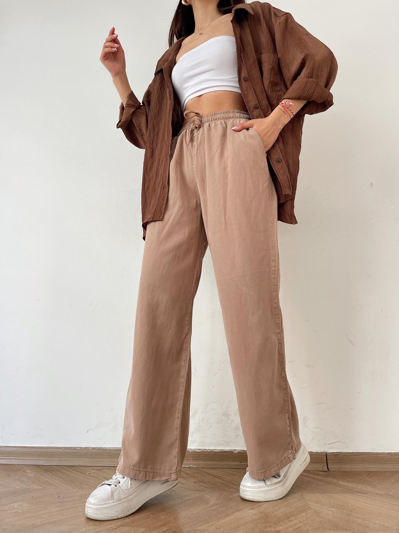 Beli Lastikli Bol Pantolon Vizon