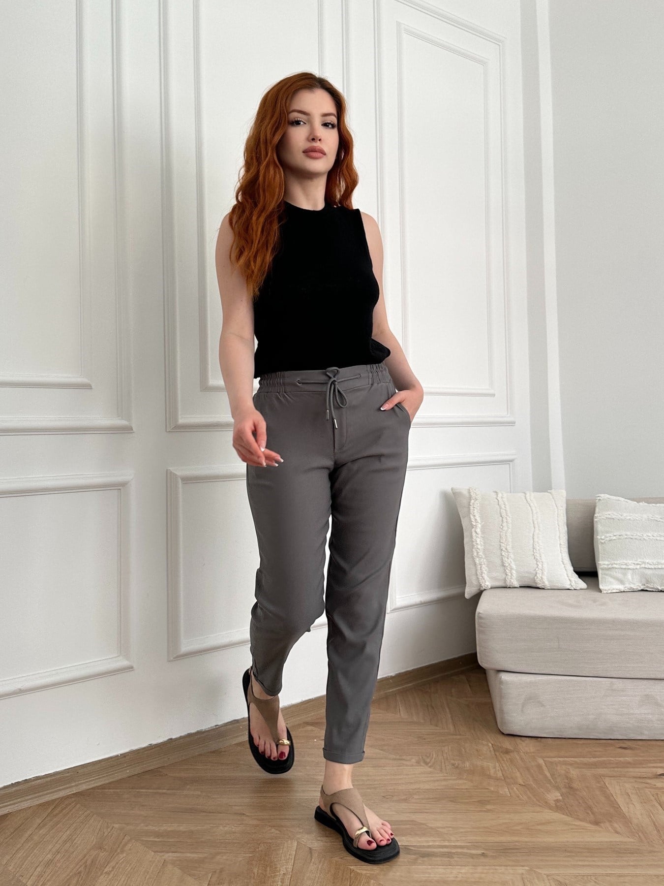 Beli Lastikli Duble Paça Pantolon Gri
