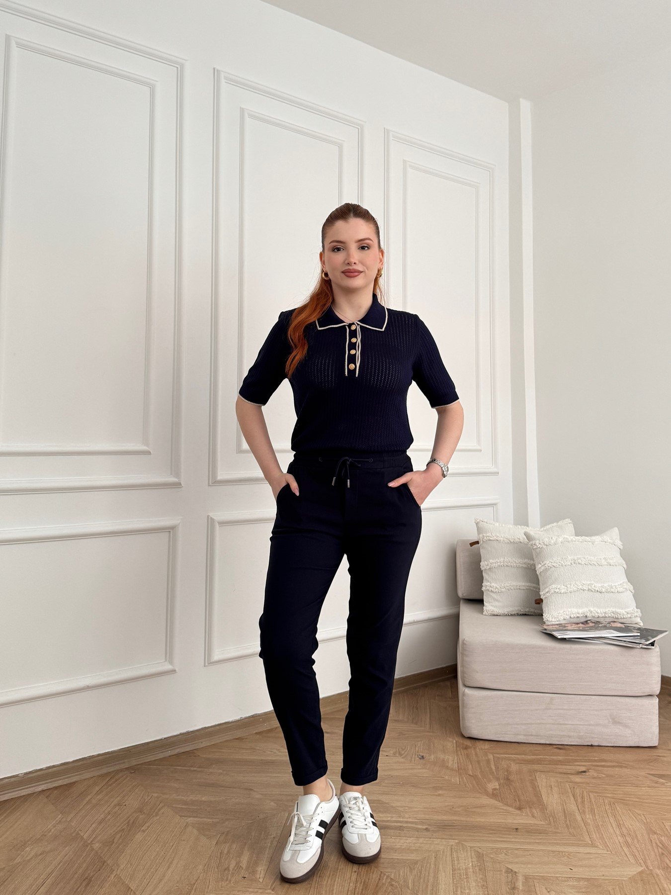 Beli Lastikli Duble Paça Pantolon Lacivert