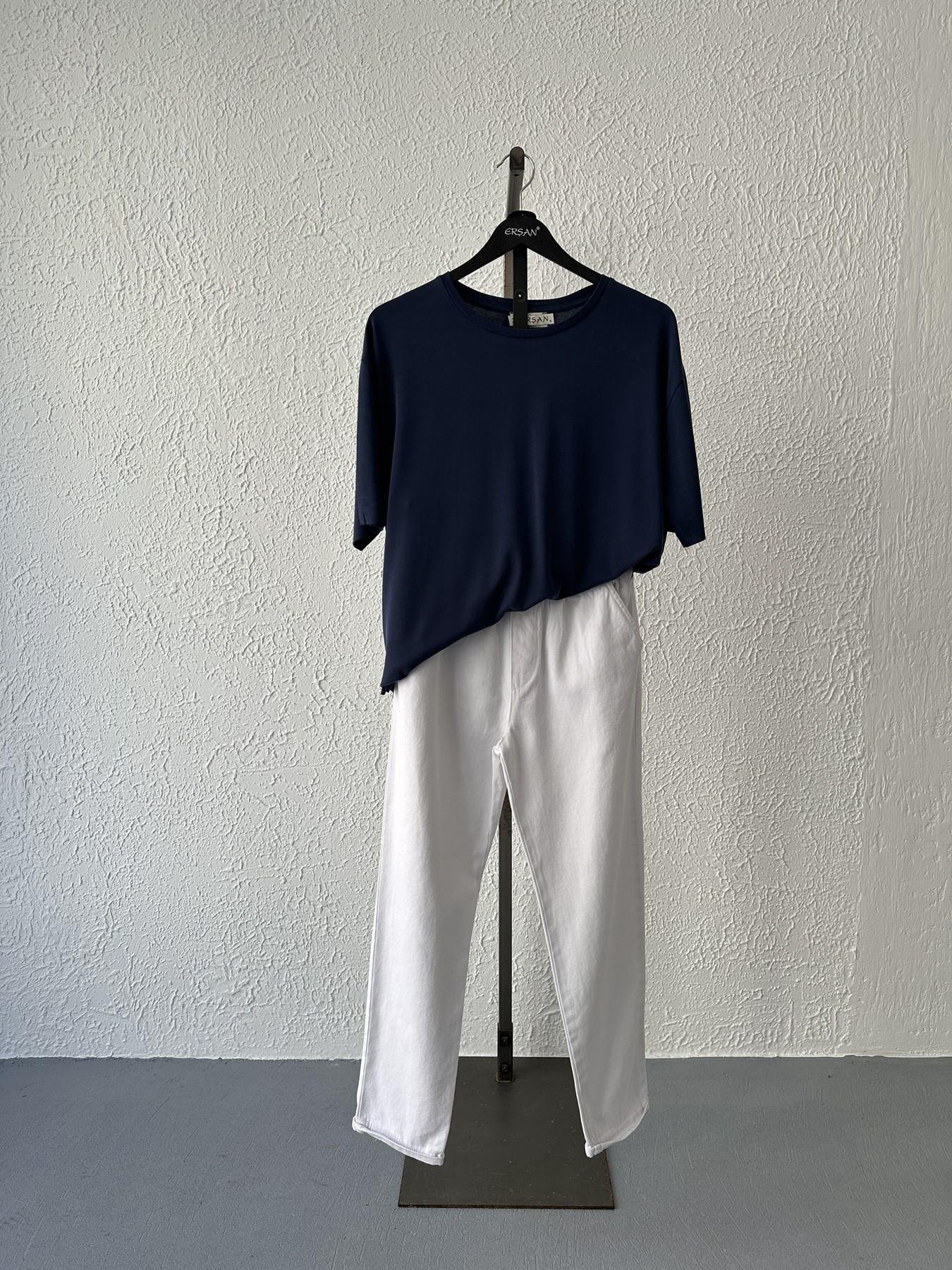 Beli Lastikli Düğme Detay Pantolon Beyaz