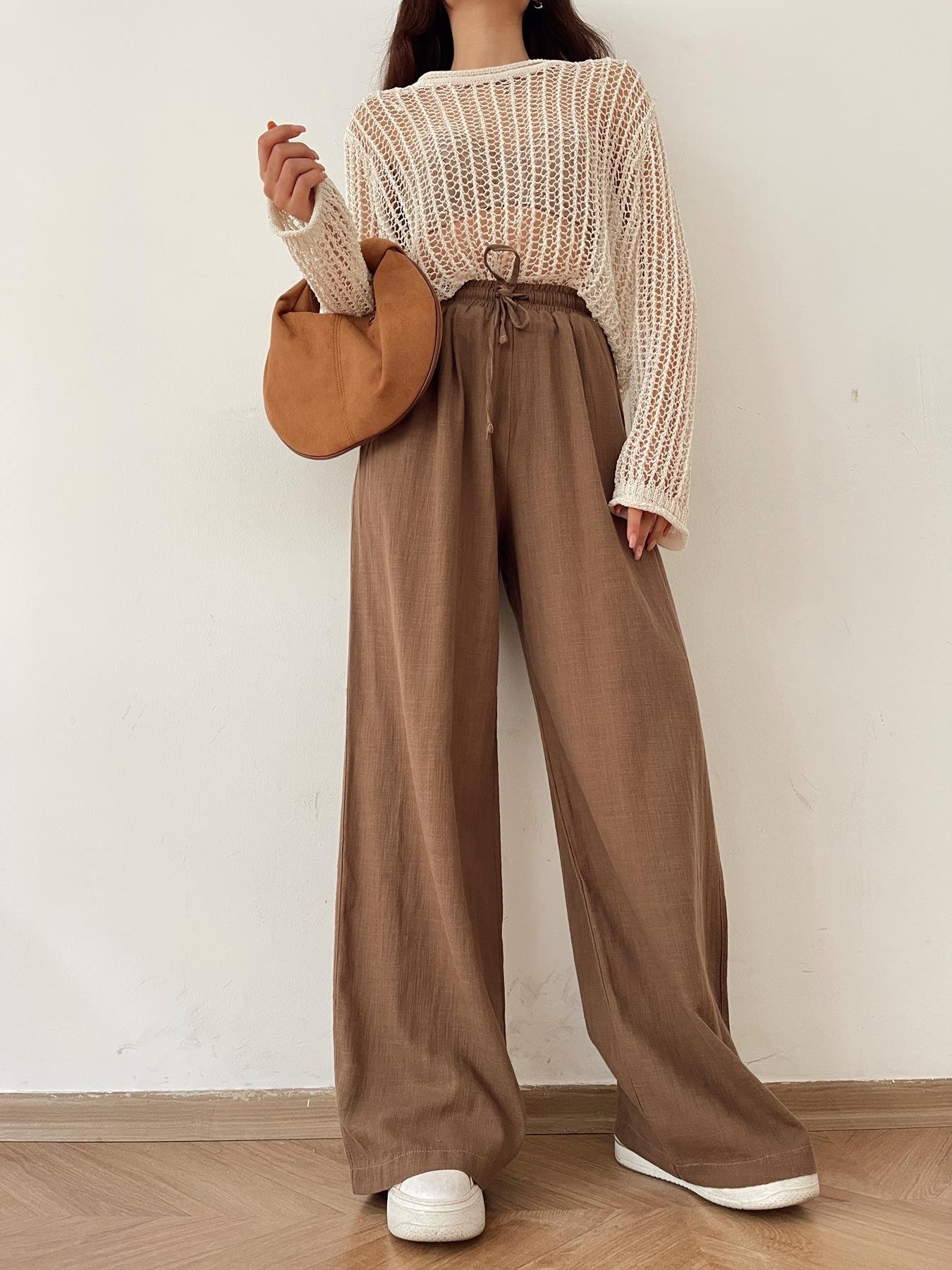 Beli Lastikli Keten Pantolon KAHVE