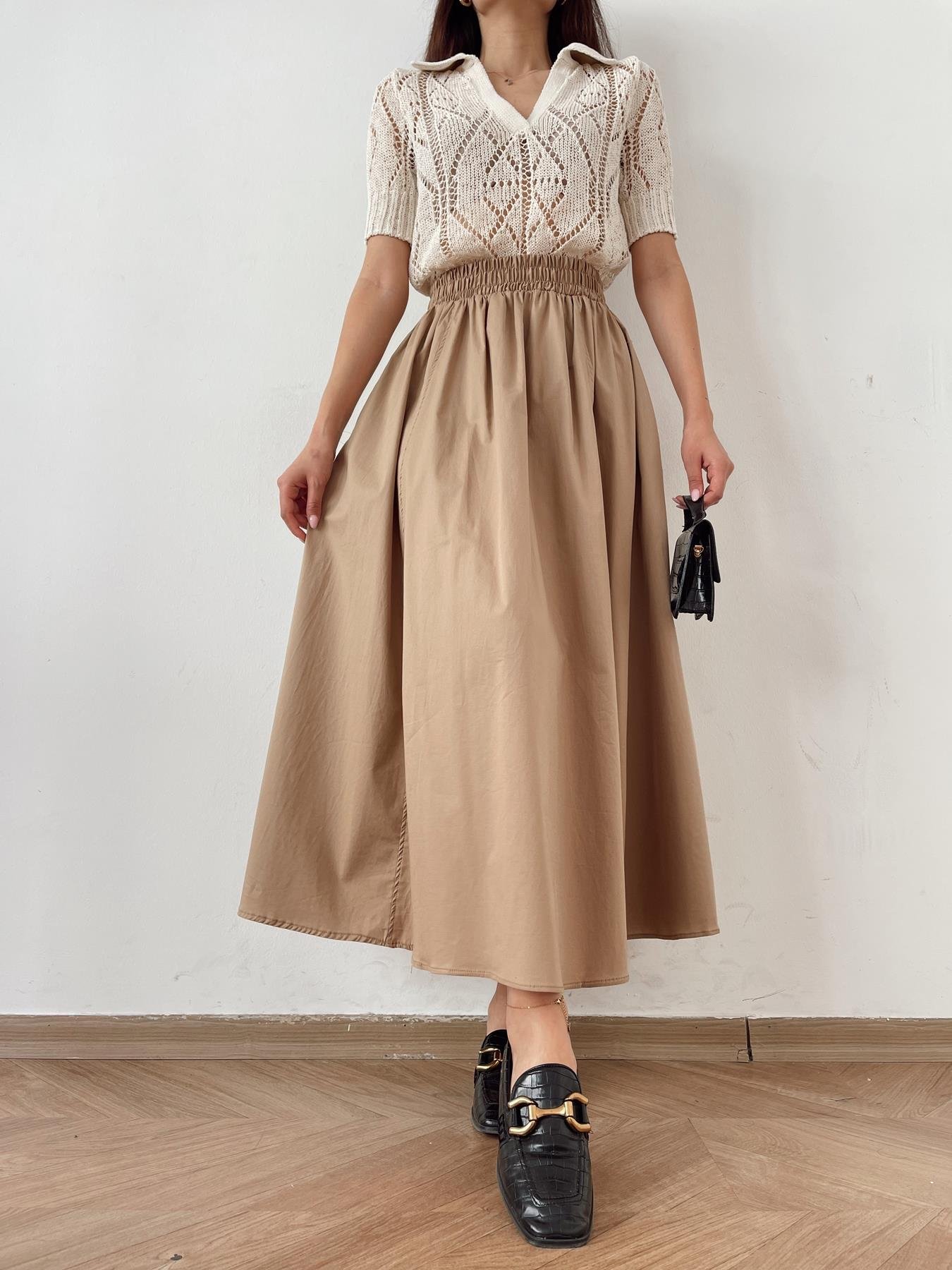 Beli Lastikli Uzun Çan Etek CAMEL