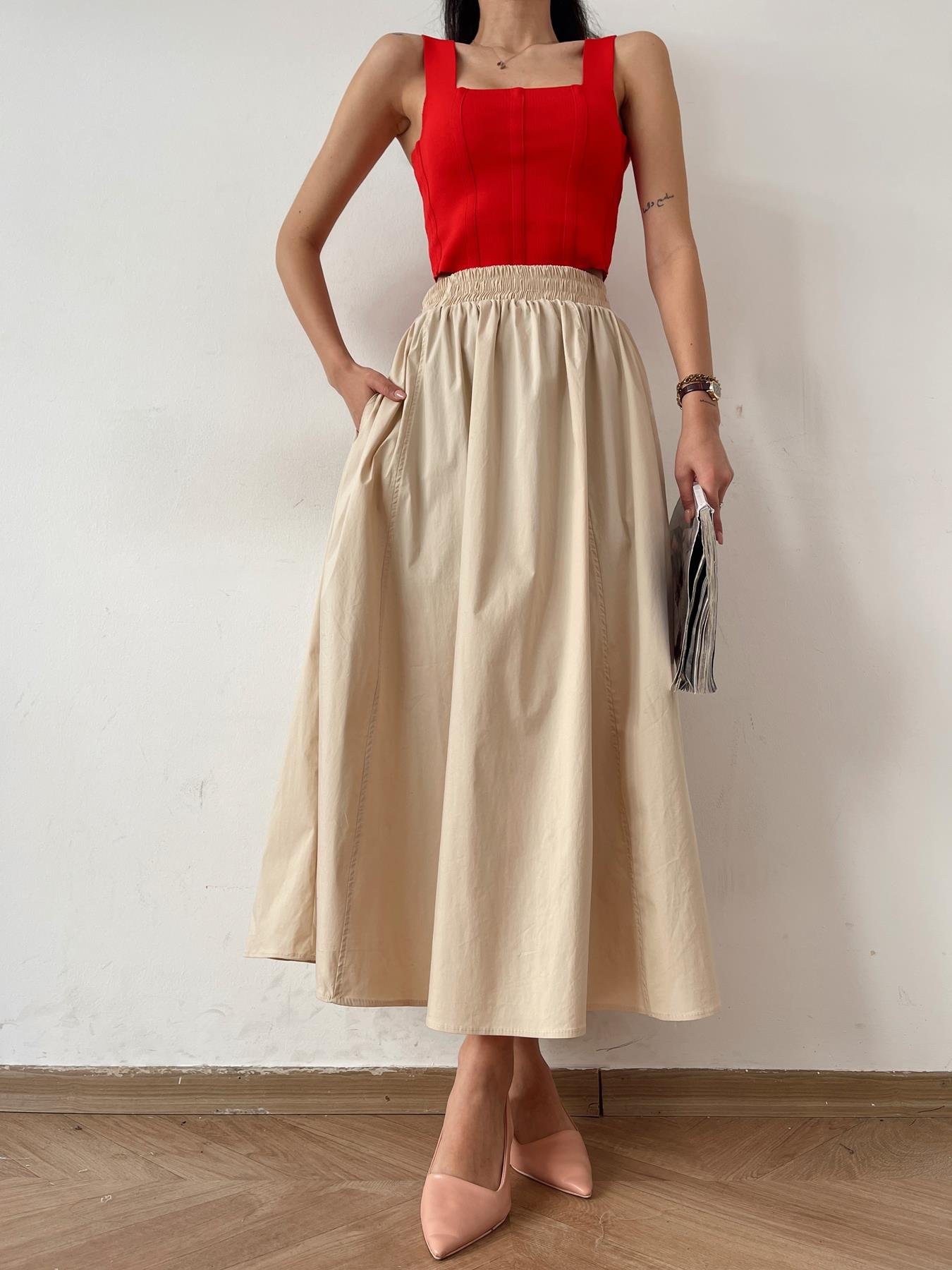 Beli Lastikli Uzun Çan Etek KREM