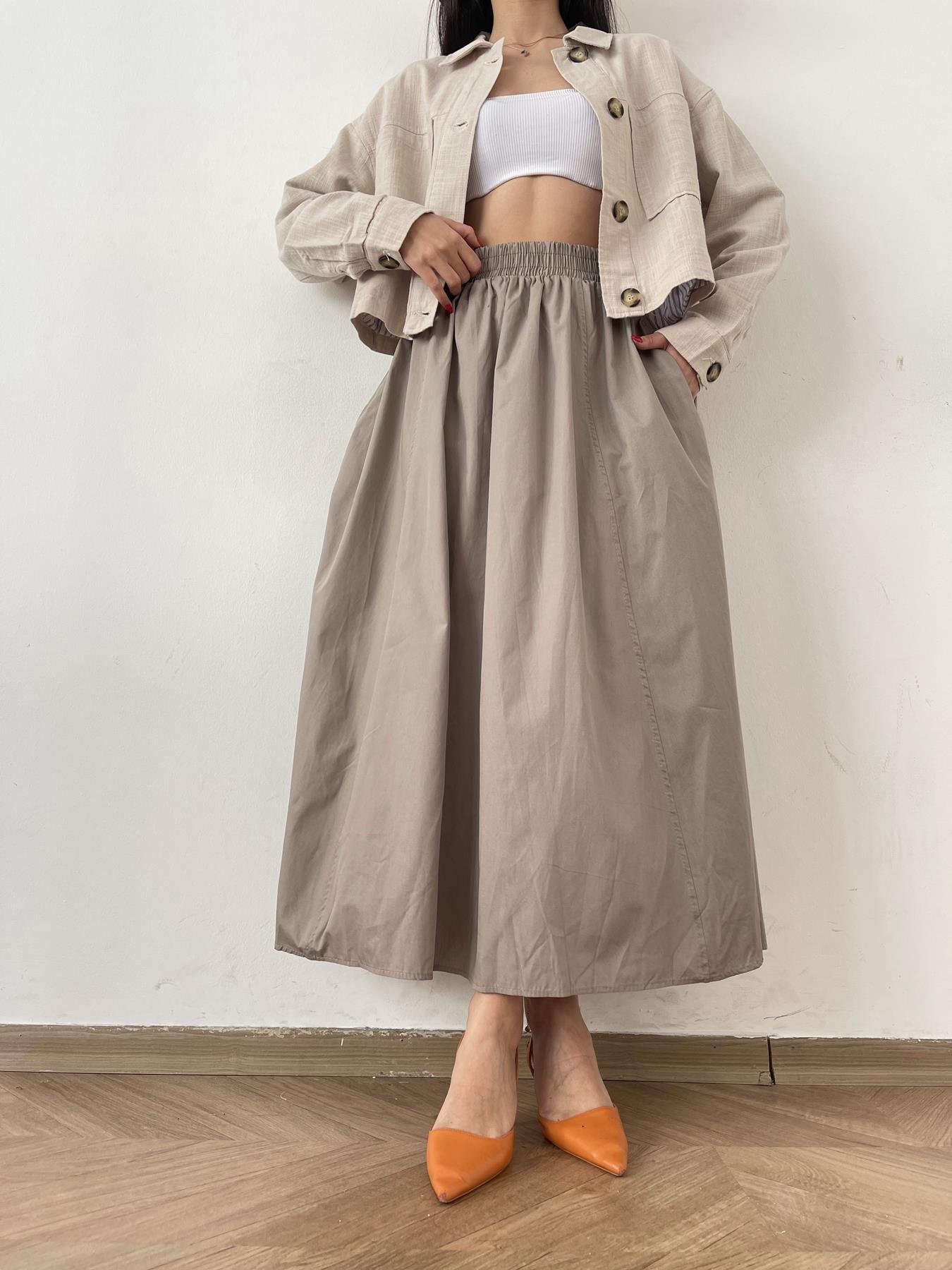 Beli Lastikli Uzun Çan Etek VİZON