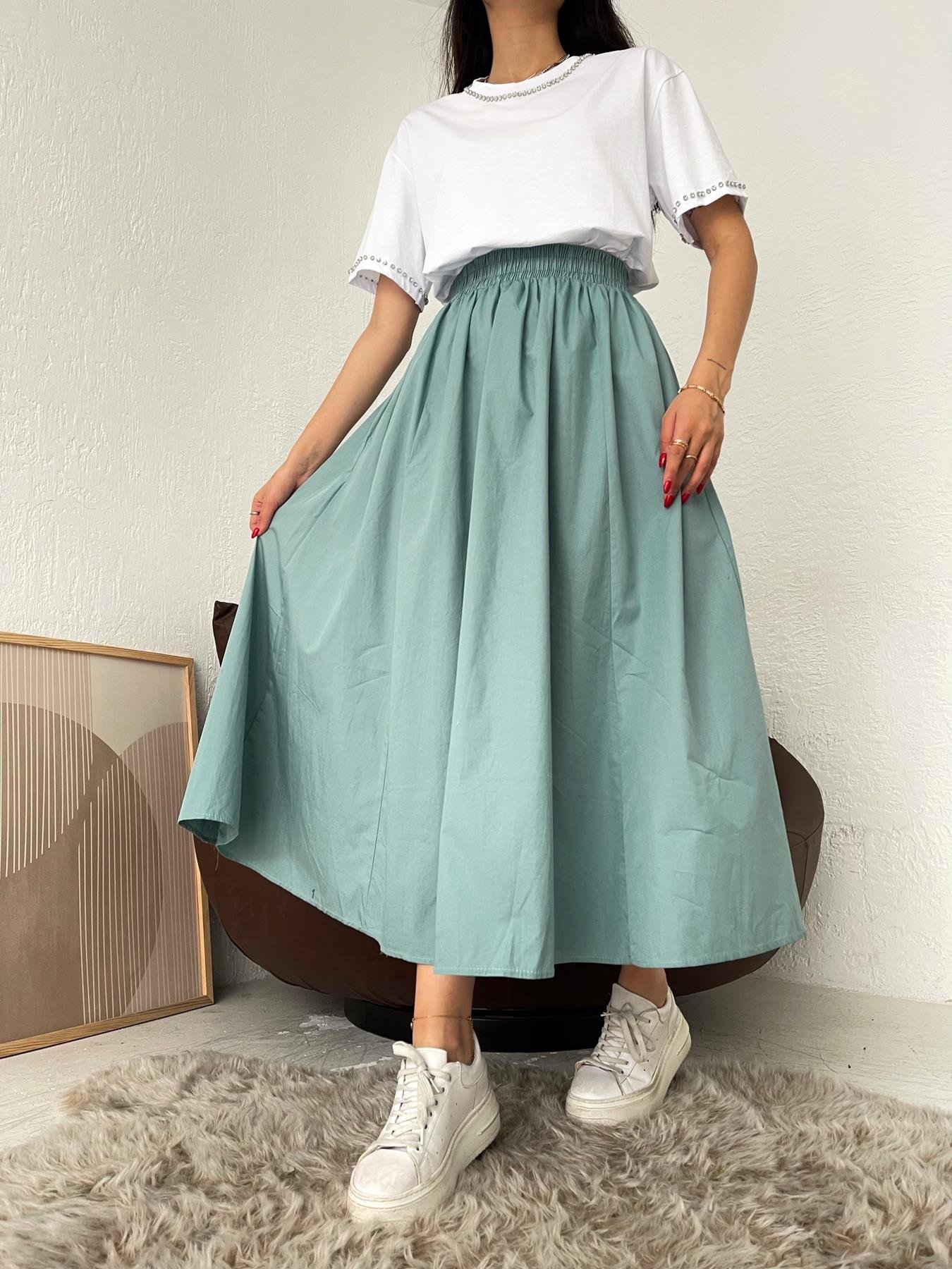 Beli Lastikli Uzun Çan Etek YEŞİL