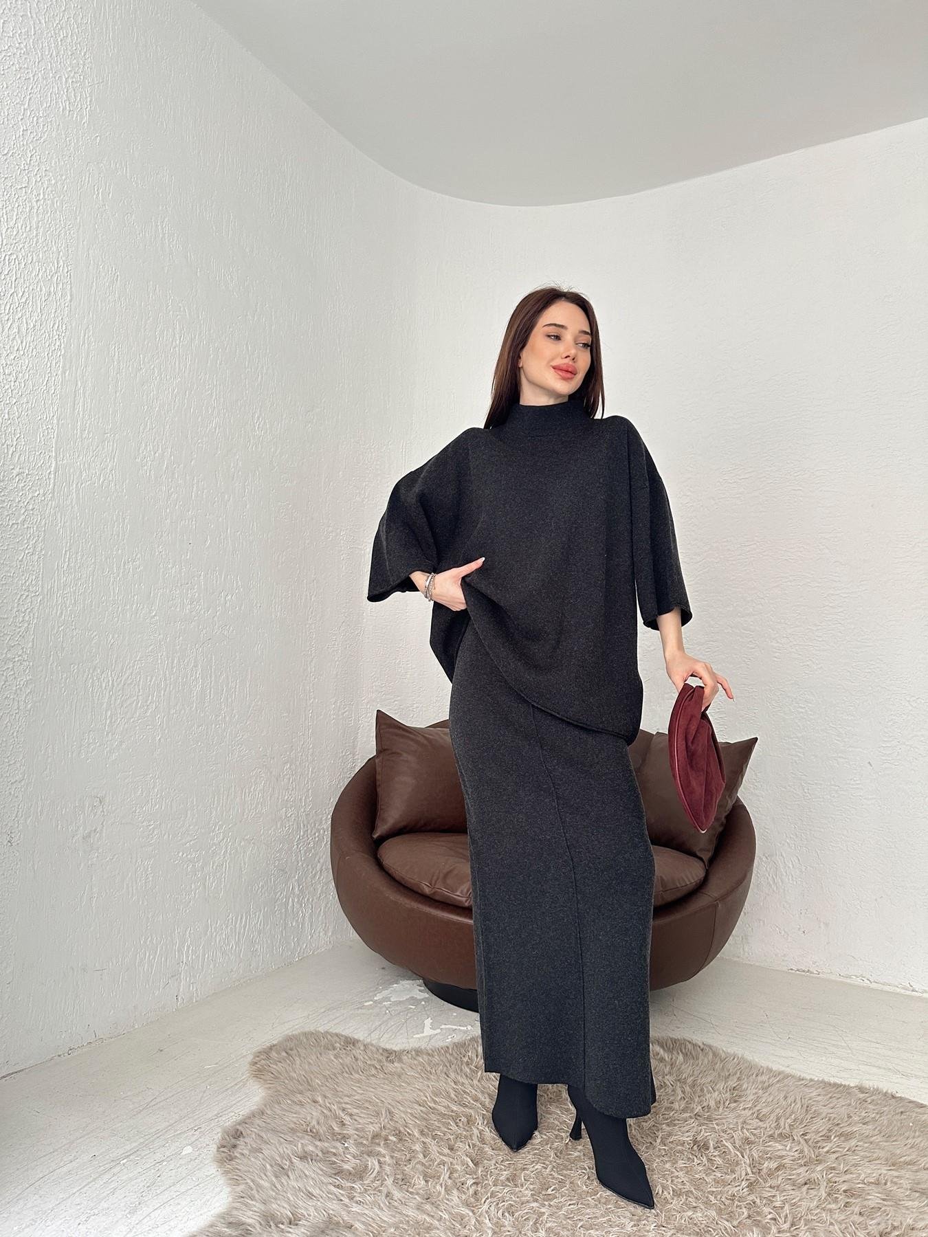 Beli Lastikli Yırtmaçlı Triko Etek ANTRASİT MELANJ