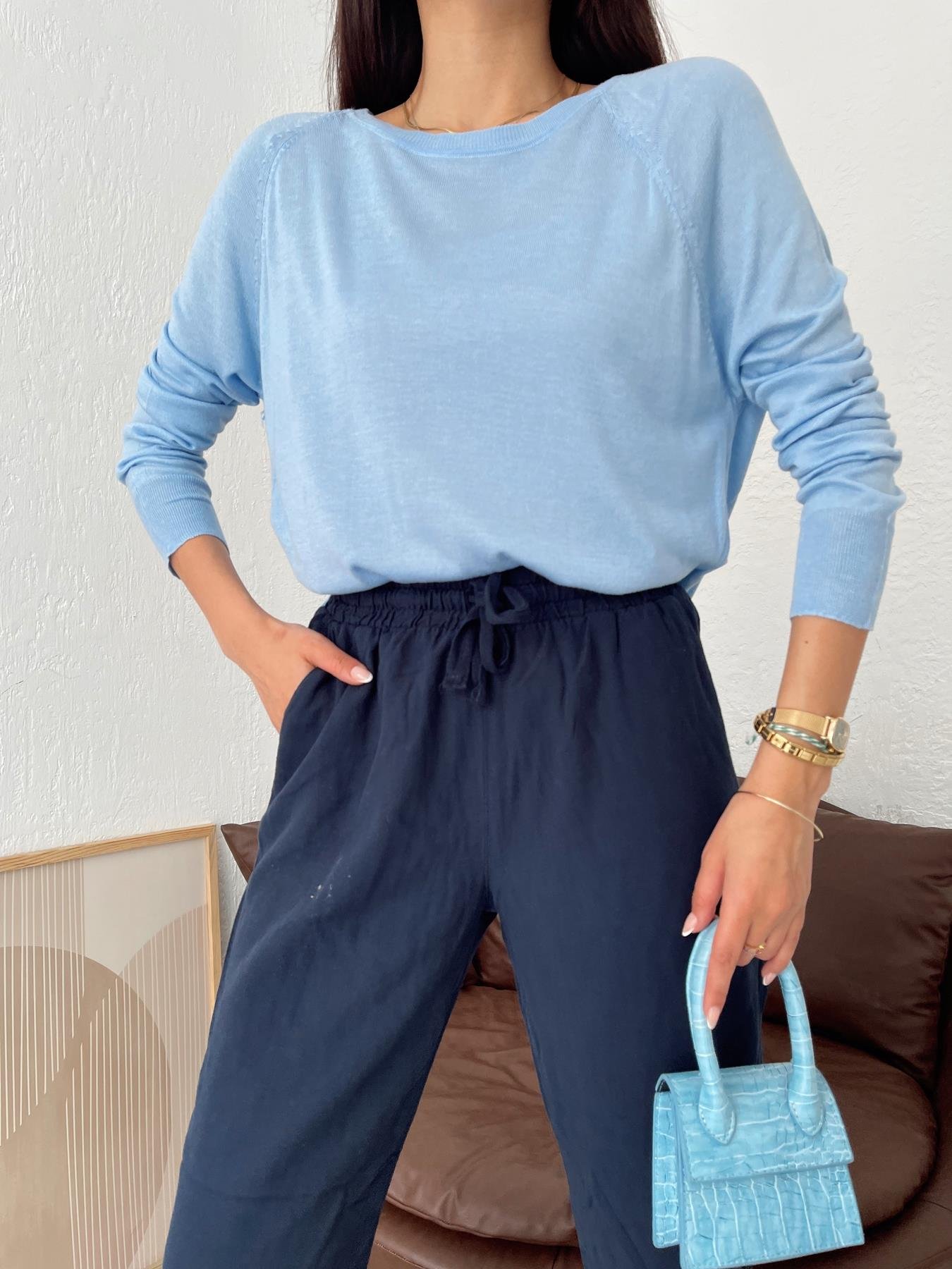 Bisiklet Yaka Basic Triko MAVİ