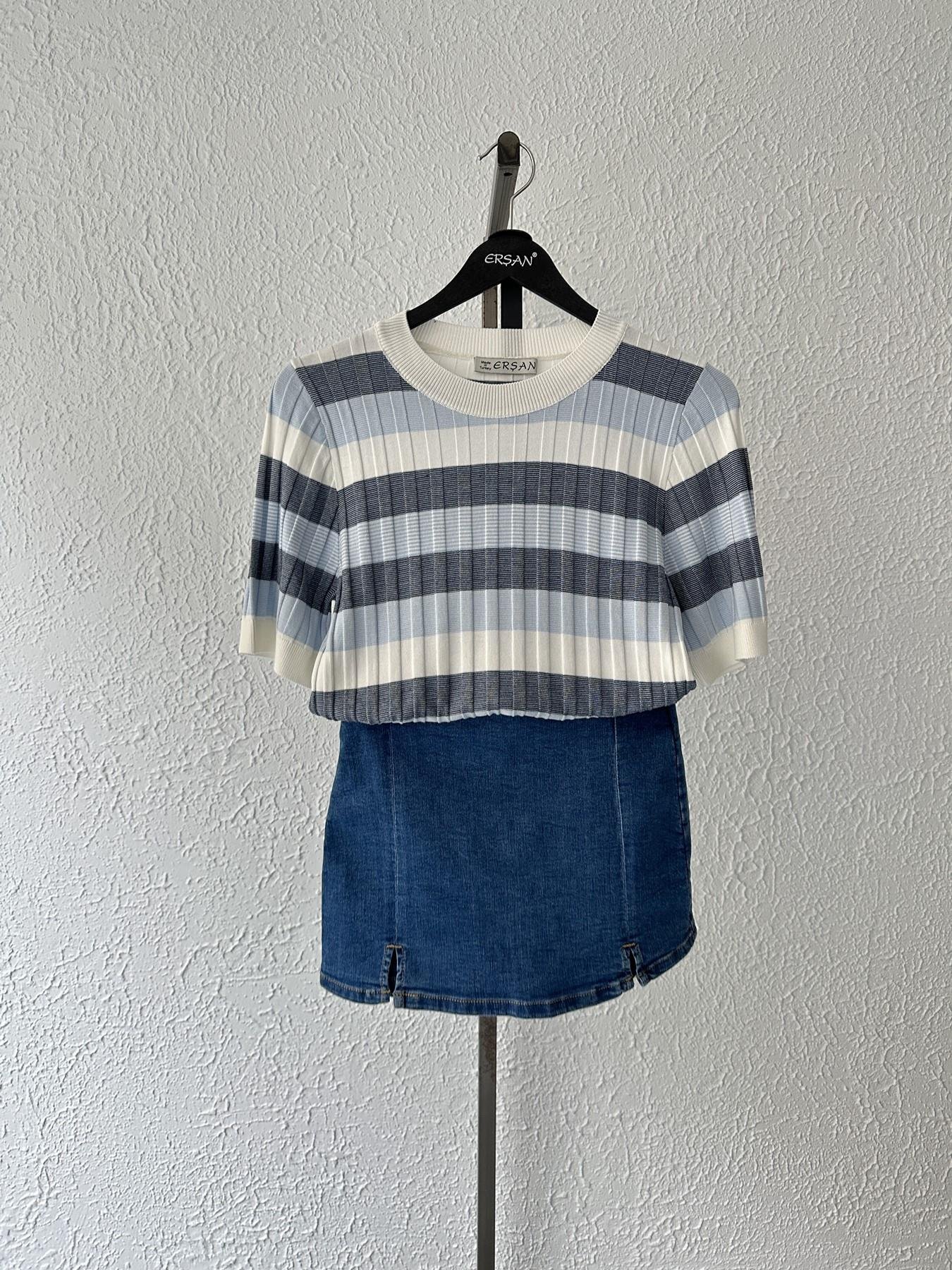 Bisiklet Yaka Çizgili Yumoş Bluz Mavi