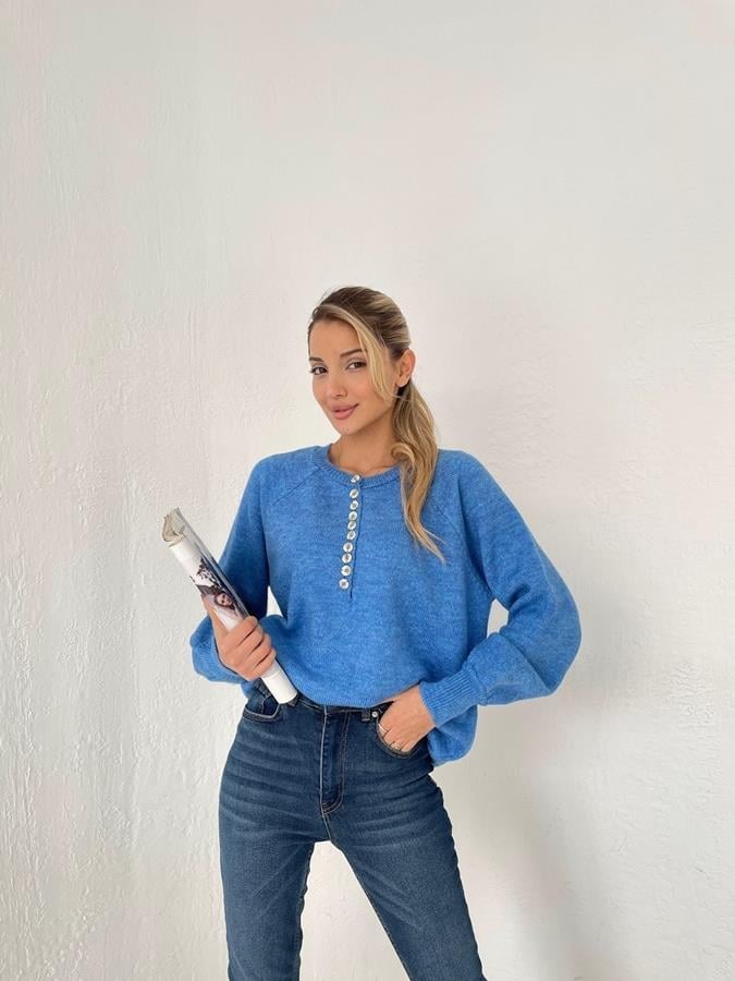 Bisiklet Yaka Düğme Detay Triko MAVİ