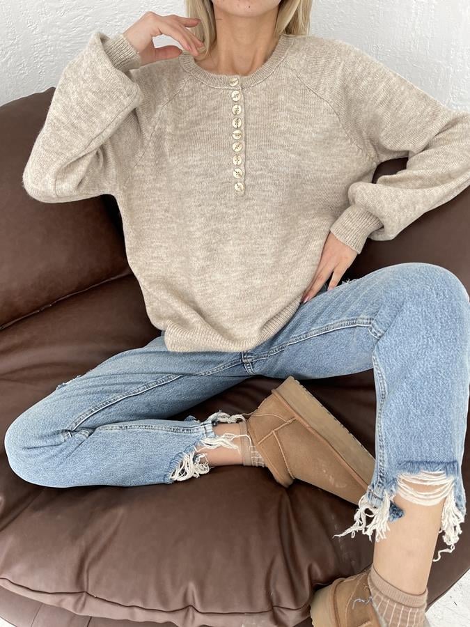 Bisiklet Yaka Düğme Detay Triko TAŞ