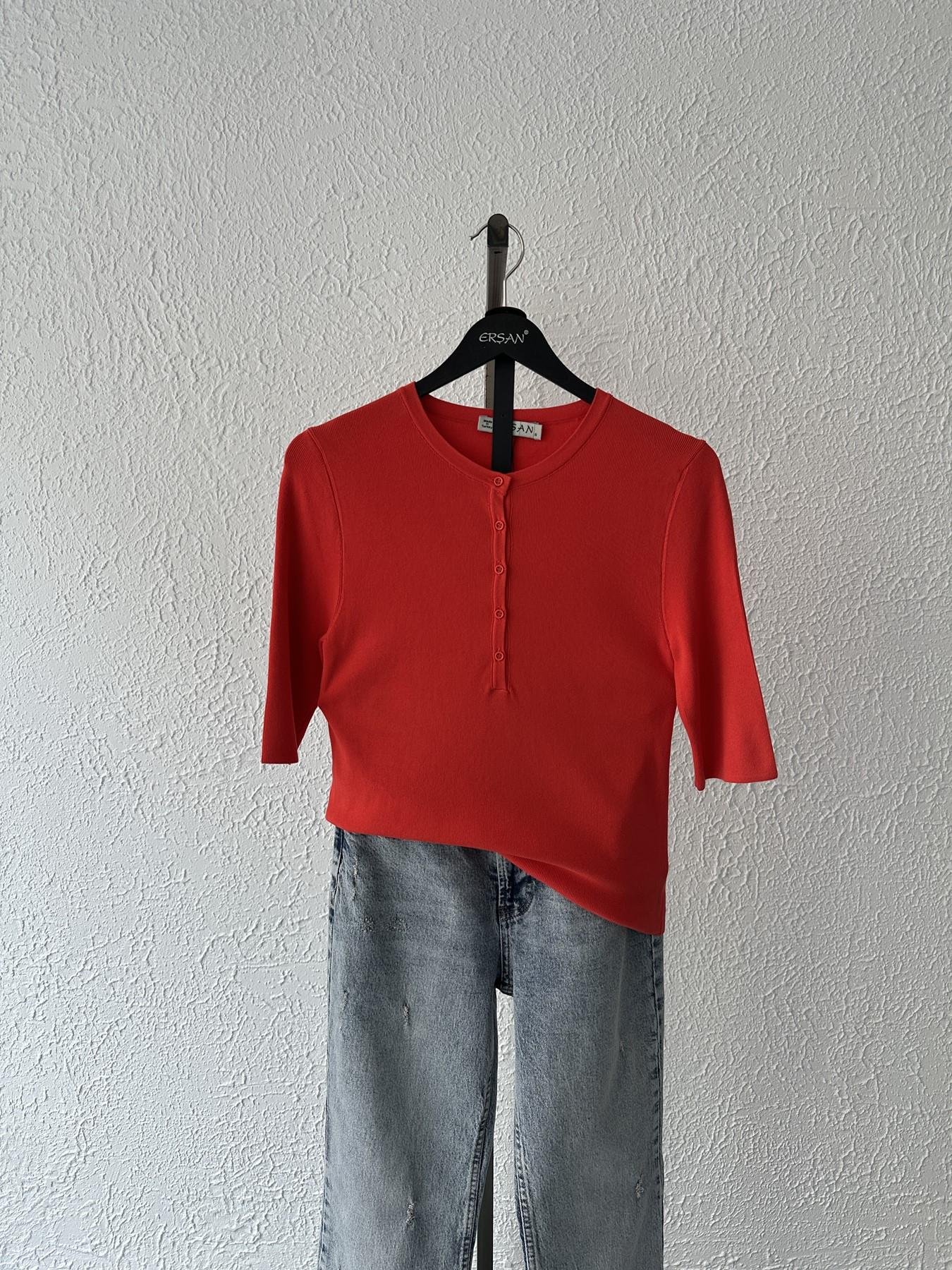 Bisiklet Yaka Düğmeli Triko Açık kırmızı