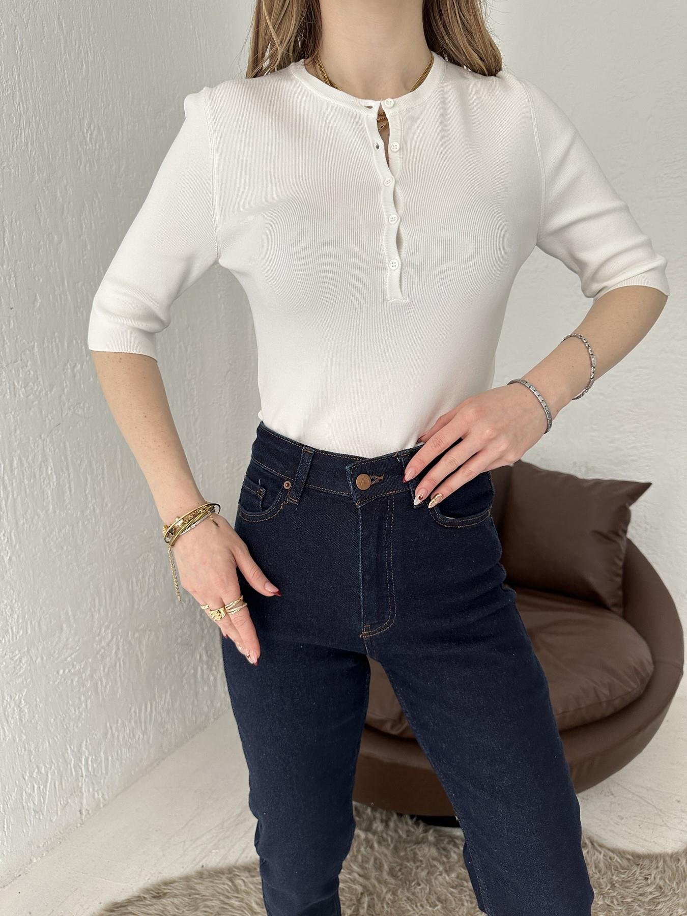 Bisiklet Yaka Düğmeli Triko Ekru