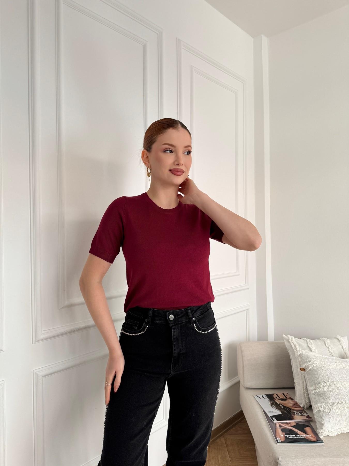 Bisiklet Yaka Kısa Kollu Basic Triko Bordo