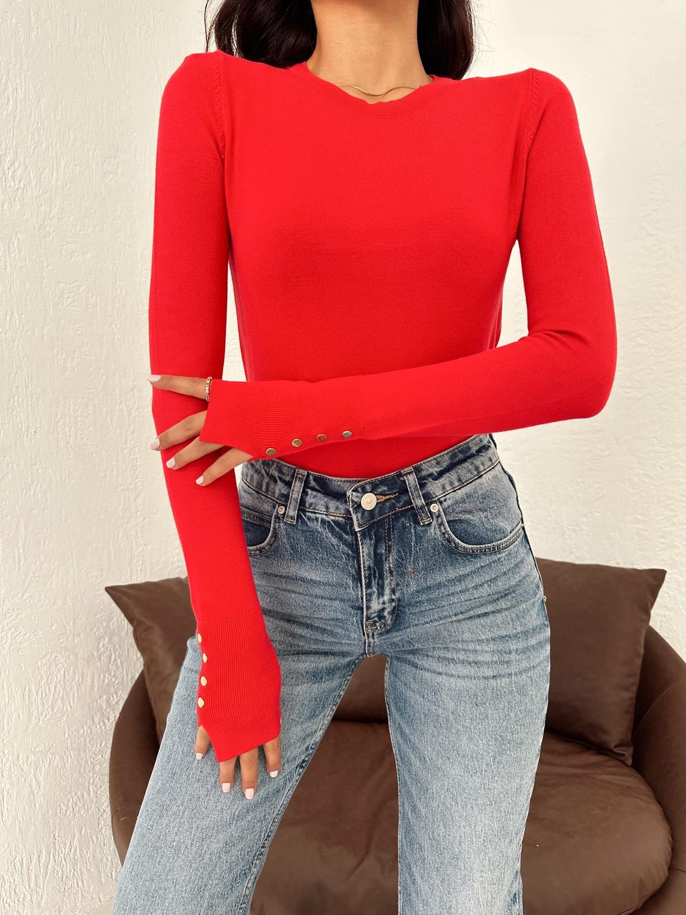 Bisiklet Yaka Kolu Droplu Kazak KIRMIZI