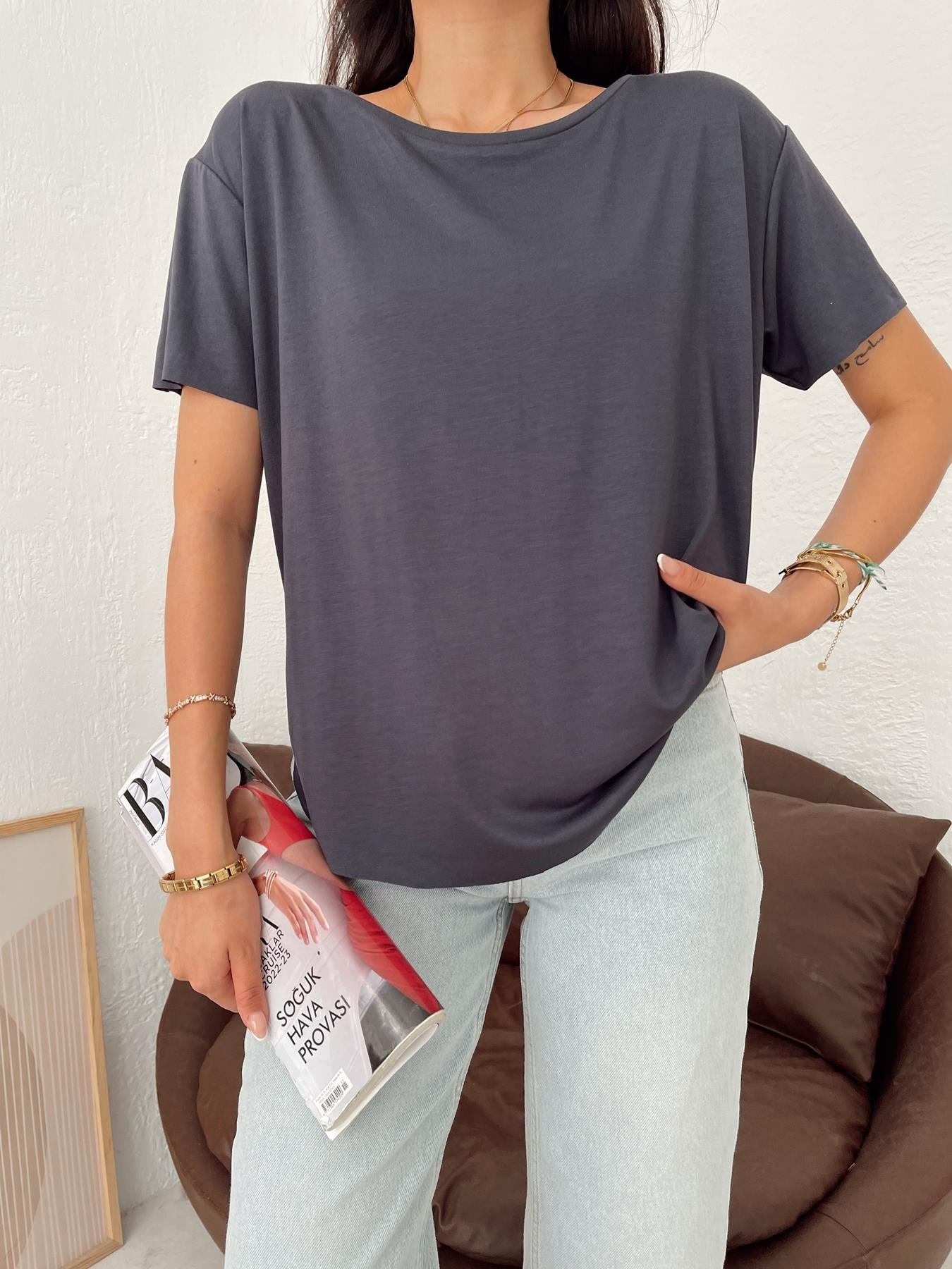 Bisiklet Yaka Modal Tişört ANTRASİT