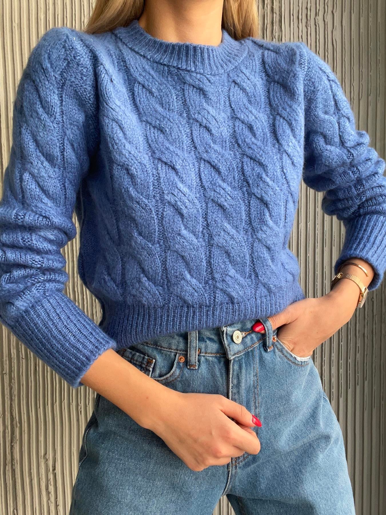 Bisiklet Yaka Saç Örgü Kazak SAKS