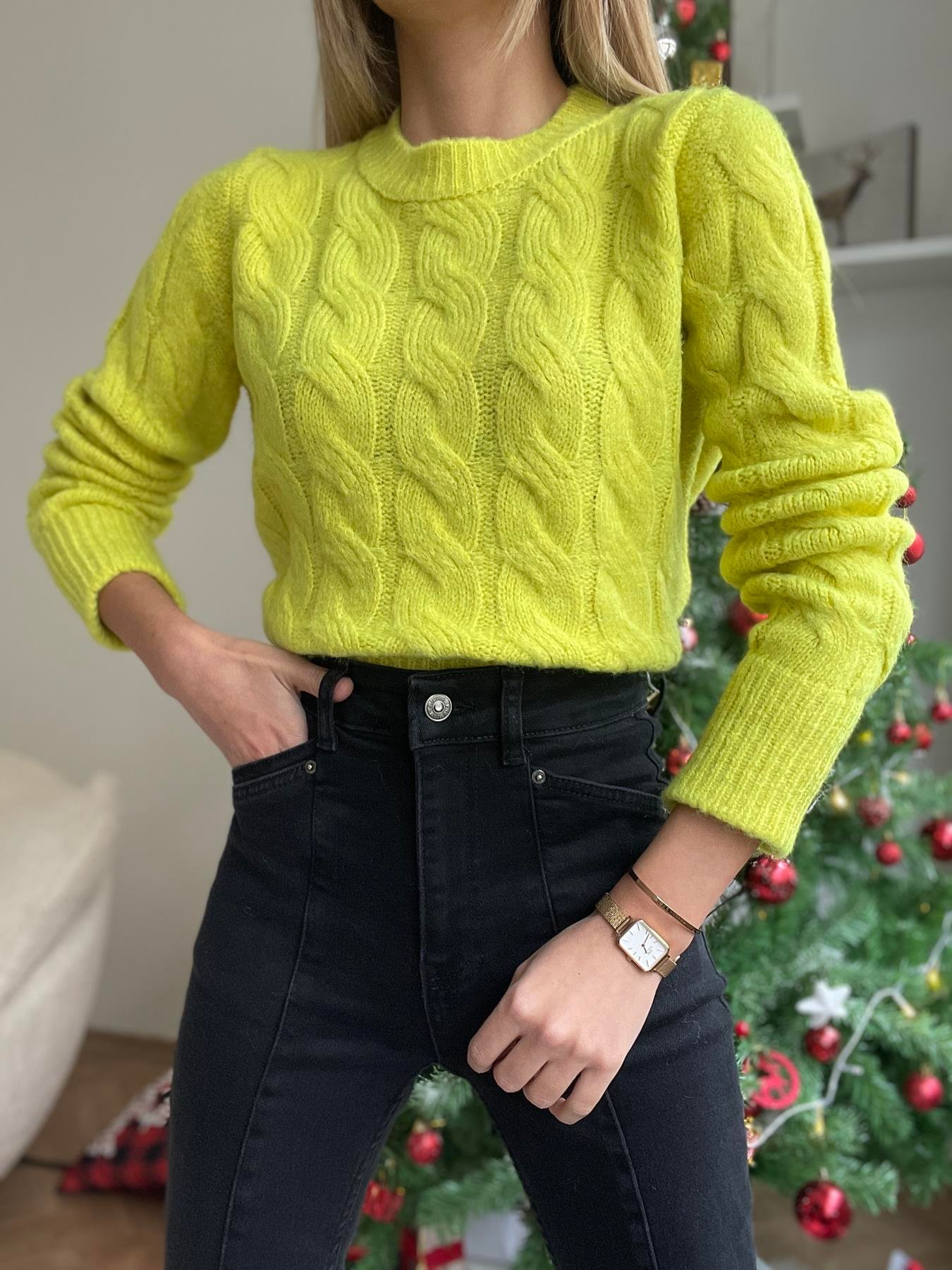 Bisiklet Yaka Saç Örgü Kazak SARI